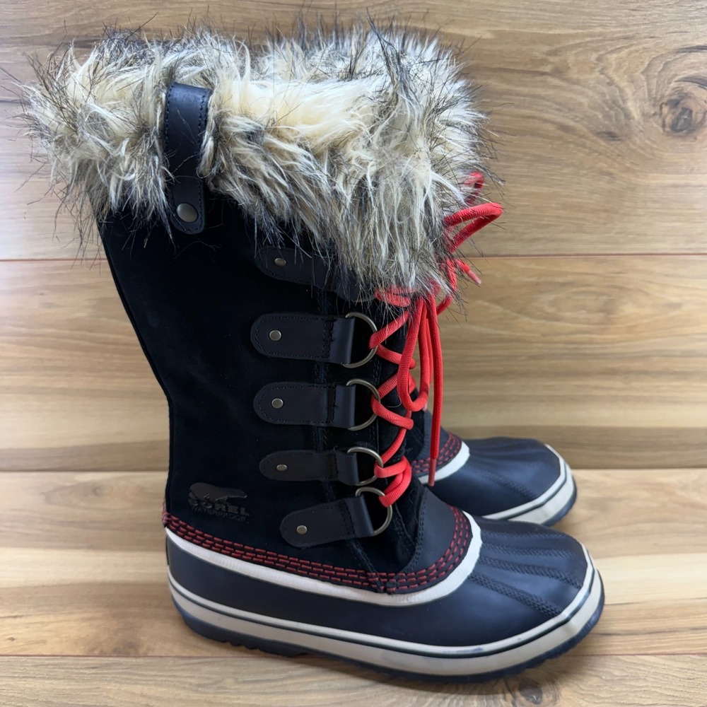 Sorel Joan Of Arctic Snow Boot Womens 8.5 Black Red Faux Fur Waterproof Gorpcore